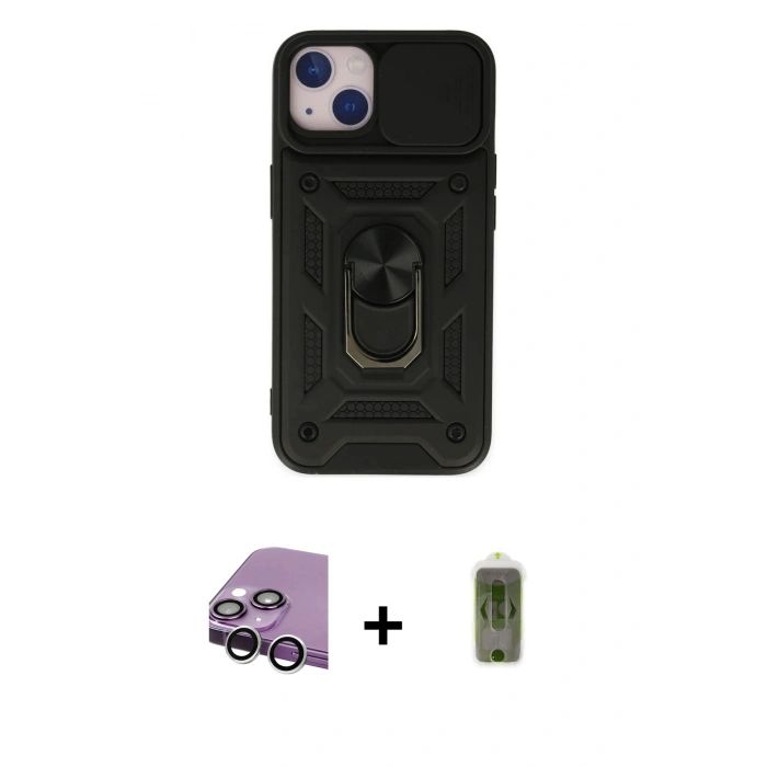 MARSİLYAN™- iPhone 14 Kılıf Ahenk Klasik - Siyah Joko Magic 5D Hayalet Cam + Raze Metal Kamera Lens - GS