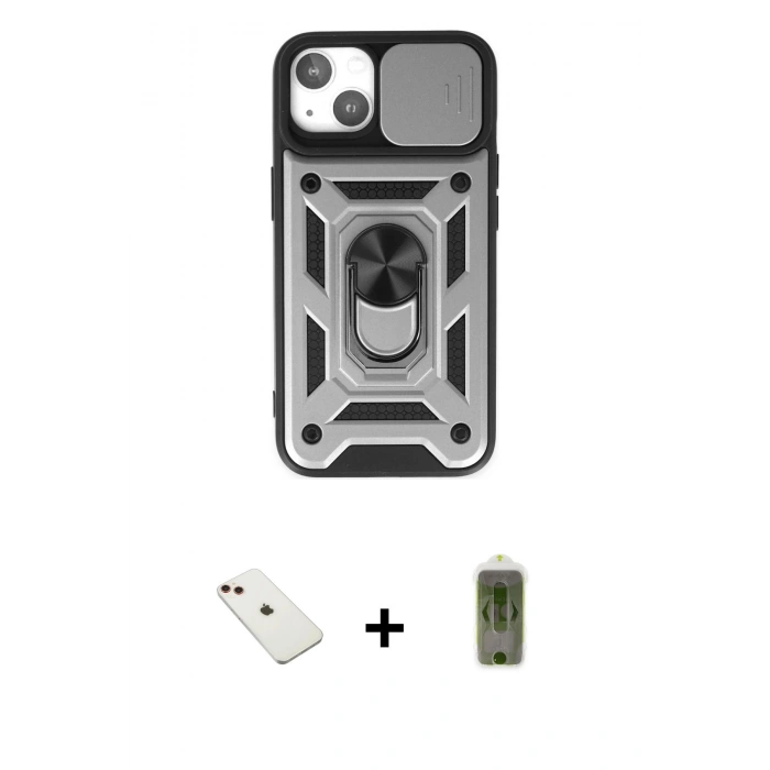 MARSİLYAN™- iPhone 14 Kılıf Ahenk Klasik - Siyah Joko Magic 5D Hayalet Cam + Kırmızı Diamond Kamera Lens
