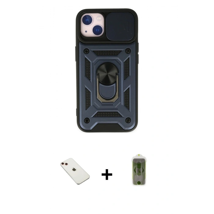 MARSİLYAN™- iPhone 14 Kılıf Ahenk Klasik - Siyah Joko Magic 5D Hayalet Cam + Kırmızı Diamond Kamera Lens