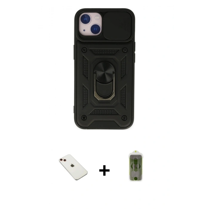 MARSİLYAN™- iPhone 14 Kılıf Ahenk Klasik - Siyah Joko Magic 5D Hayalet Cam + Kırmızı Diamond Kamera Lens