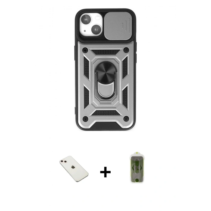 MARSİLYAN™- iPhone 14 Kılıf Ahenk Klasik - Siyah Joko Magic 5D Hayalet Cam + Pembe Diamond Kamera Lens