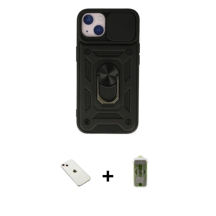 MARSİLYAN™- iPhone 14 Kılıf Ahenk Klasik - Siyah Joko Magic 5D Hayalet Cam + Pembe Diamond Kamera Lens