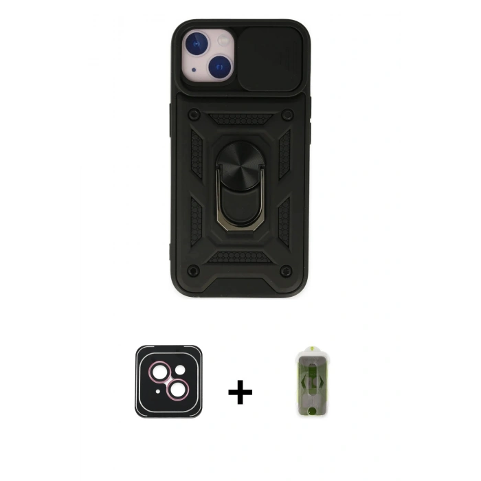 MARSİLYAN™- iPhone 14 Kılıf Ahenk Klasik - Siyah Joko Magic 5D Hayalet Cam + PVD Metal Kamera Lens - PE