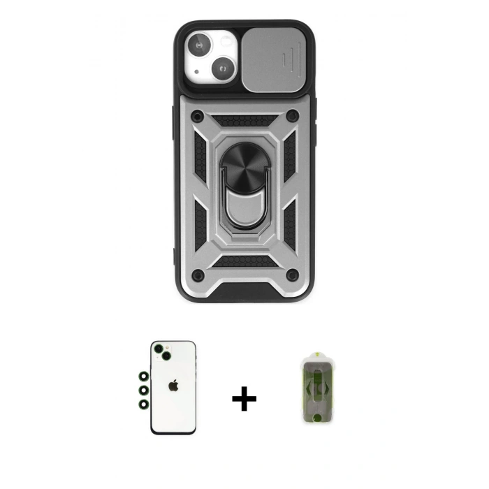 MARSİLYAN™- iPhone 14 Kılıf Ahenk Klasik - Siyah Joko Magic 5D Hayalet Cam + Yeşil Shine Kamera Lens