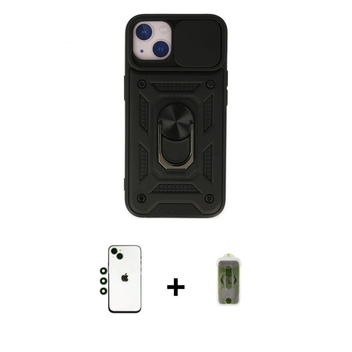 MARSİLYAN™- iPhone 14 Kılıf Ahenk Klasik - Siyah Joko Magic 5D Hayalet Cam + Yeşil Shine Kamera Lens
