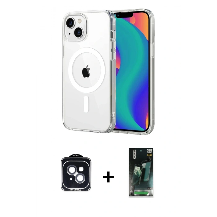 MARSİLYAN™- iPhone 14 Kılıf Ahenk Minimal Serisi - Şeffaf 360 Full Body Arka Koruyucu + PVD Metal Kamera Lens - SH