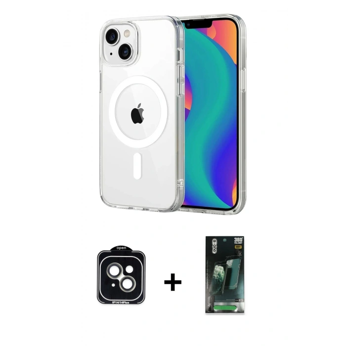 MARSİLYAN™- iPhone 14 Kılıf Ahenk Minimal Serisi - Şeffaf 360 Full Body Arka Koruyucu + PVD Metal Kamera Lens - YL