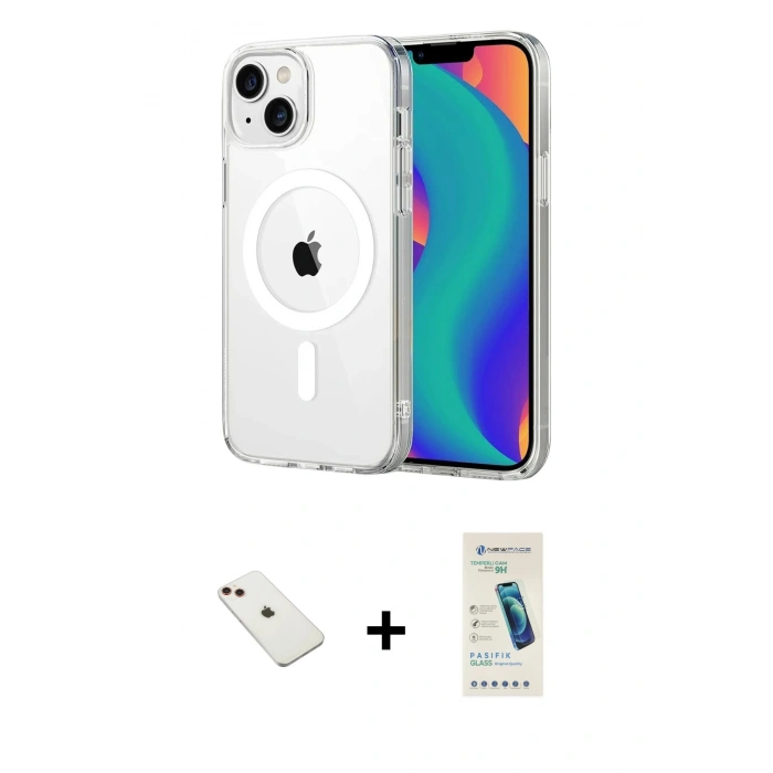 MARSİLYAN™- iPhone 14 Kılıf Ahenk Minimal Serisi - Şeffaf Pasifik Cam Ekran Koruyucu + Diamond Kamera Lens - KI