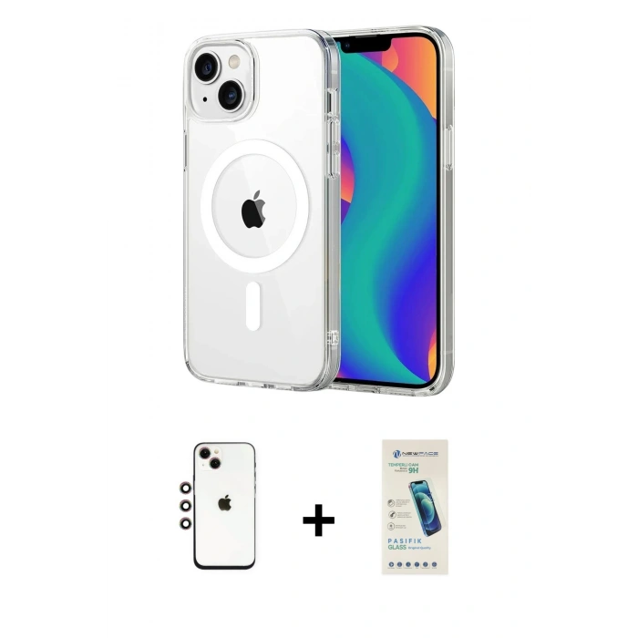 MARSİLYAN™- iPhone 14 Kılıf Ahenk Minimal Serisi - Şeffaf Pasifik Cam Ekran Koruyucu + Shine Kamera Lens - GI