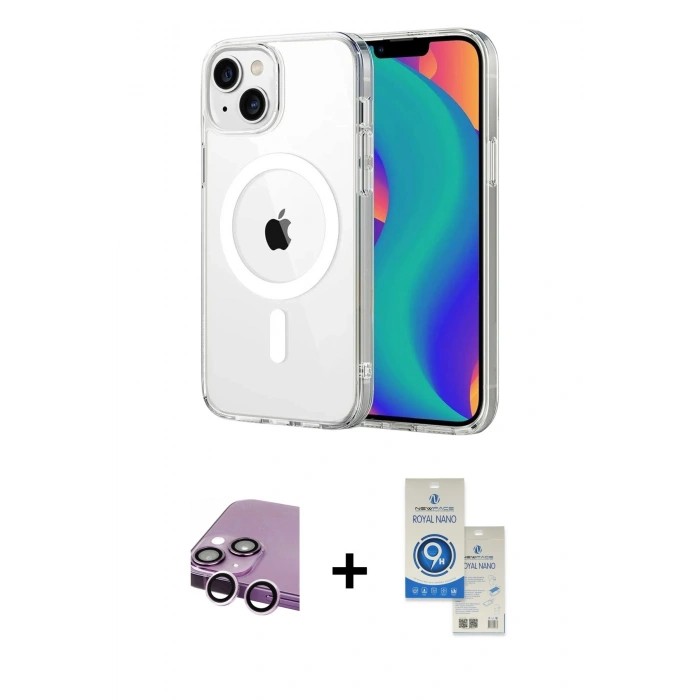 MARSİLYAN™- iPhone 14 Kılıf Ahenk Minimal Serisi - Şeffaf Royal Nano Ekran Koruyucu + Raze Metal Kamera Lens - MR