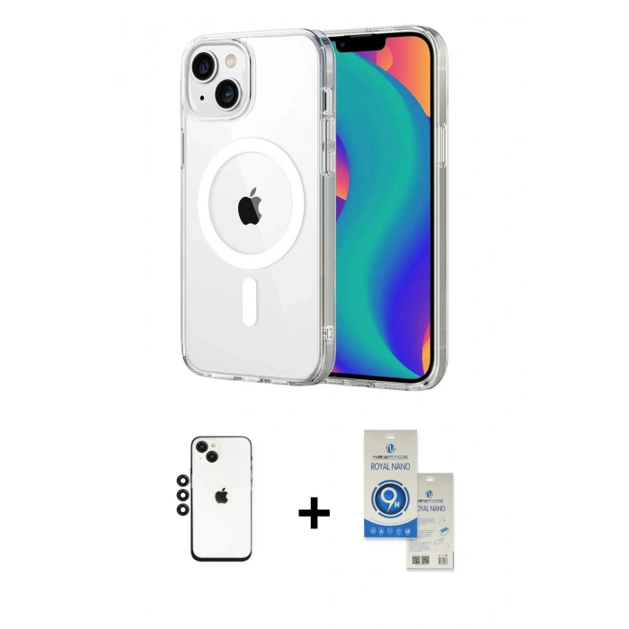 MARSİLYAN™- iPhone 14 Kılıf Ahenk Minimal Serisi - Şeffaf Royal Nano Ekran Koruyucu + Shine Kamera Lens - SH