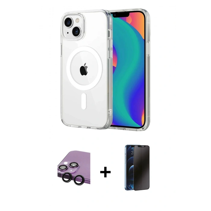 MARSİLYAN™- iPhone 14 Kılıf Ahenk Minimal Serisi - Siyah 3D Antistatik Hayalet Cam Ekran Koruyucu + Raze Metal Kamera Lens - SH