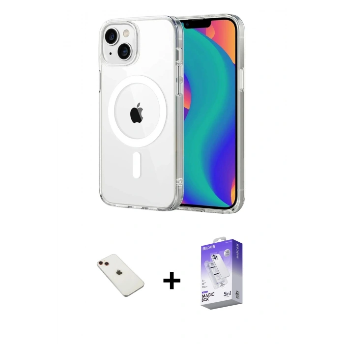 MARSİLYAN™- iPhone 14 Kılıf Ahenk Minimal Serisi - Siyah Bilvis 5in1 3D Magic Cam Ekran Koruyucu + Diamond Kamera Lens - KI