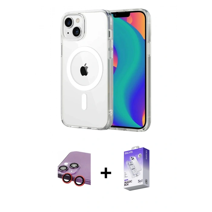 MARSİLYAN™- iPhone 14 Kılıf Ahenk Minimal Serisi - Siyah Bilvis 5in1 3D Magic Cam Ekran Koruyucu + Raze Metal Kamera Lens - KI
