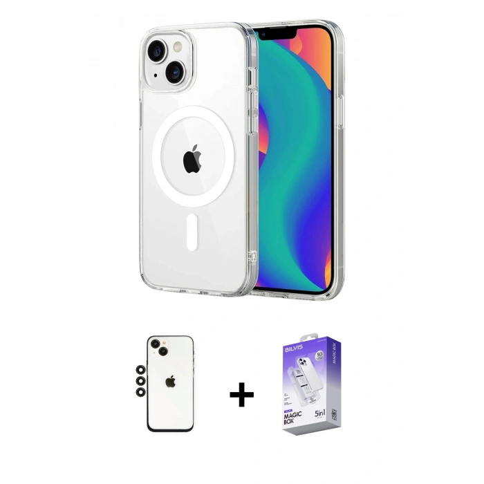 MARSİLYAN™- iPhone 14 Kılıf Ahenk Minimal Serisi - Siyah Bilvis 5in1 3D Magic Cam Ekran Koruyucu + Shine Kamera Lens - SH
