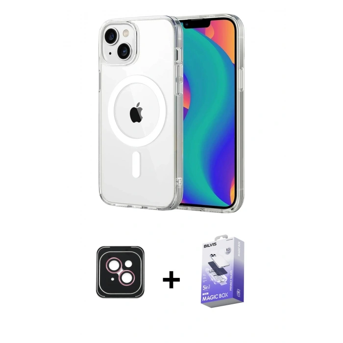 MARSİLYAN™- iPhone 14 Kılıf Ahenk Minimal Serisi - Siyah Bilvis 5in1 5D Magic Hayalet Cam Ekran Koruyucu + PVD Metal Kamera Lens - PE