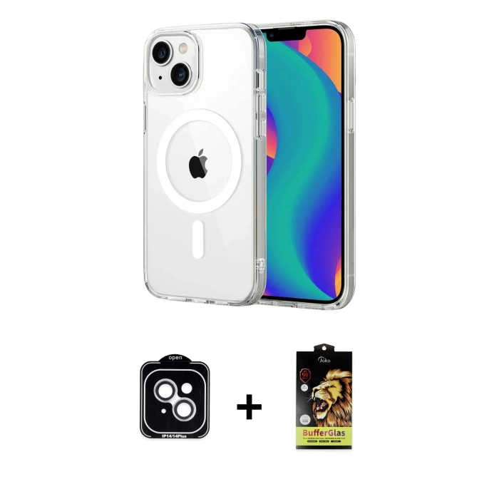MARSİLYAN™- iPhone 14 Kılıf Ahenk Minimal Serisi - Siyah Buffer Cam Ekran Koruyucu + PVD Metal Kamera Lens - GS