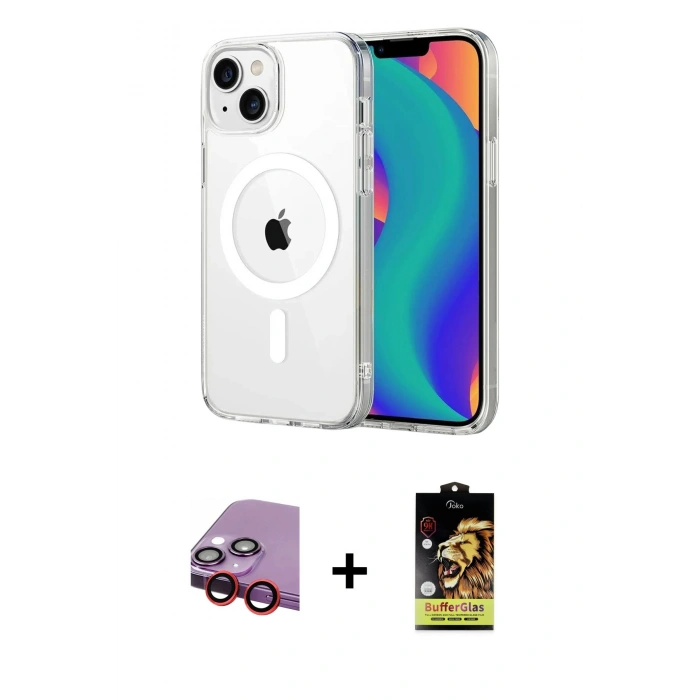 MARSİLYAN™- iPhone 14 Kılıf Ahenk Minimal Serisi - Siyah Buffer Cam Ekran Koruyucu + Raze Metal Kamera Lens - KI