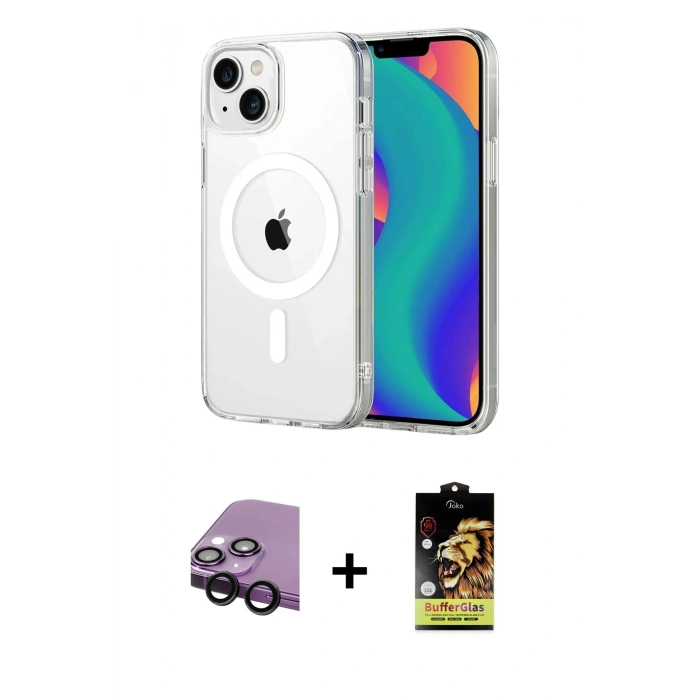 MARSİLYAN™- iPhone 14 Kılıf Ahenk Minimal Serisi - Siyah Buffer Cam Ekran Koruyucu + Raze Metal Kamera Lens - SH