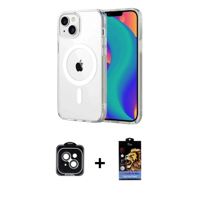MARSİLYAN™- iPhone 14 Kılıf Ahenk Minimal Serisi - Siyah Buffer Hayalet Cam Ekran Koruyucu + PVD Metal Kamera Lens - YL