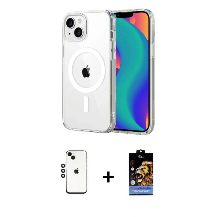 MARSİLYAN™- iPhone 14 Kılıf Ahenk Minimal Serisi - Siyah Buffer Hayalet Cam Ekran Koruyucu + Shine Kamera Lens - SH