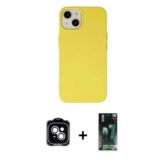 MARSİLYAN™- iPhone 14 Kılıf Ahenk Serisi - Şeffaf 360 Full Body Arka Koruyucu + PVD Metal Kamera Lens - GS
