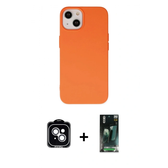 MARSİLYAN™- iPhone 14 Kılıf Ahenk Serisi - Şeffaf 360 Full Body Arka Koruyucu + PVD Metal Kamera Lens - GS