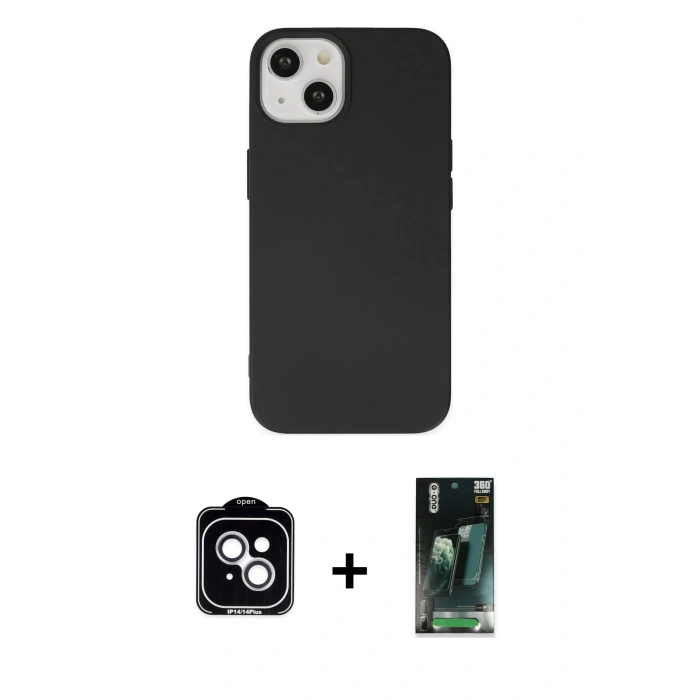 MARSİLYAN™- iPhone 14 Kılıf Ahenk Serisi - Şeffaf 360 Full Body Arka Koruyucu + PVD Metal Kamera Lens - GS