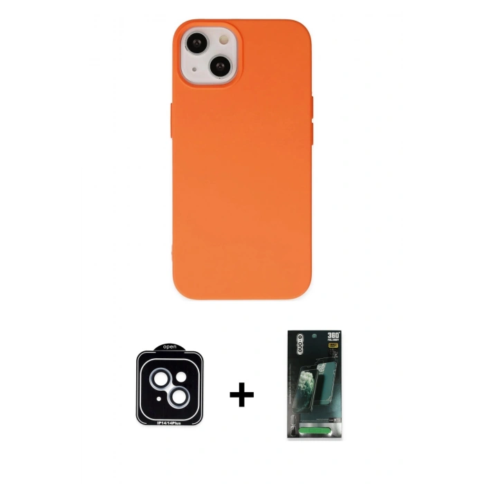 MARSİLYAN™- iPhone 14 Kılıf Ahenk Serisi - Şeffaf 360 Full Body Arka Koruyucu + PVD Metal Kamera Lens - MI