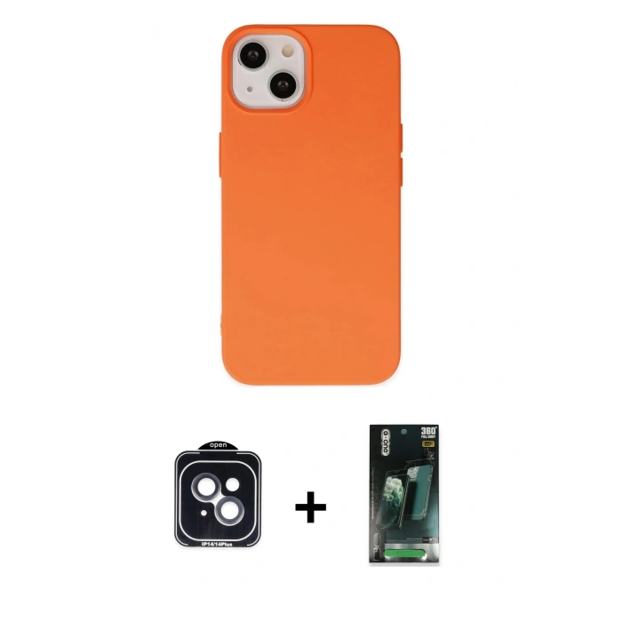 MARSİLYAN™- iPhone 14 Kılıf Ahenk Serisi - Şeffaf 360 Full Body Arka Koruyucu + PVD Metal Kamera Lens - SH
