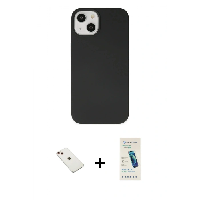MARSİLYAN™- iPhone 14 Kılıf Ahenk Serisi - Şeffaf Pasifik Cam Ekran Koruyucu + Diamond Kamera Lens - KI