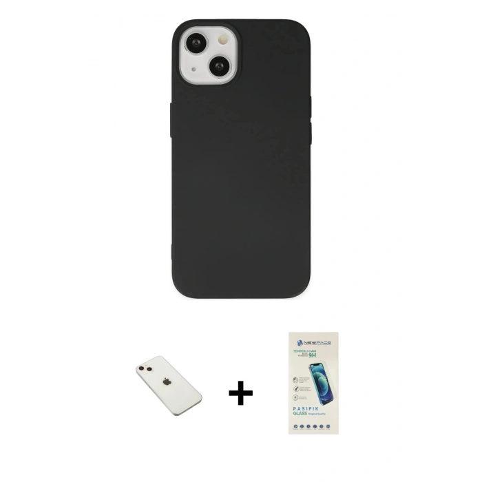 MARSİLYAN™- iPhone 14 Kılıf Ahenk Serisi - Şeffaf Pasifik Cam Ekran Koruyucu + Diamond Kamera Lens - PE