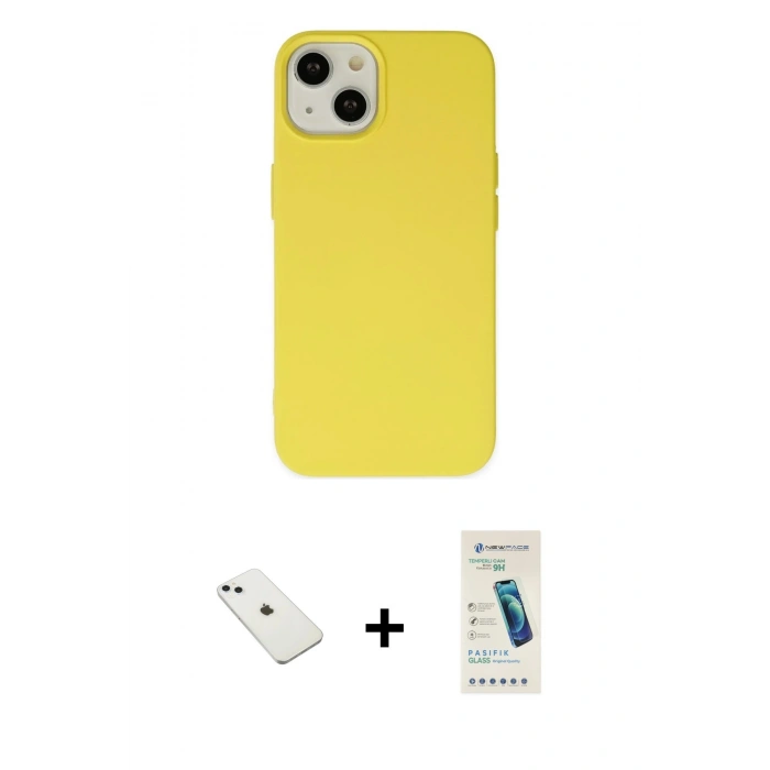 MARSİLYAN™- iPhone 14 Kılıf Ahenk Serisi - Şeffaf Pasifik Cam Ekran Koruyucu + Diamond Kamera Lens - SABE