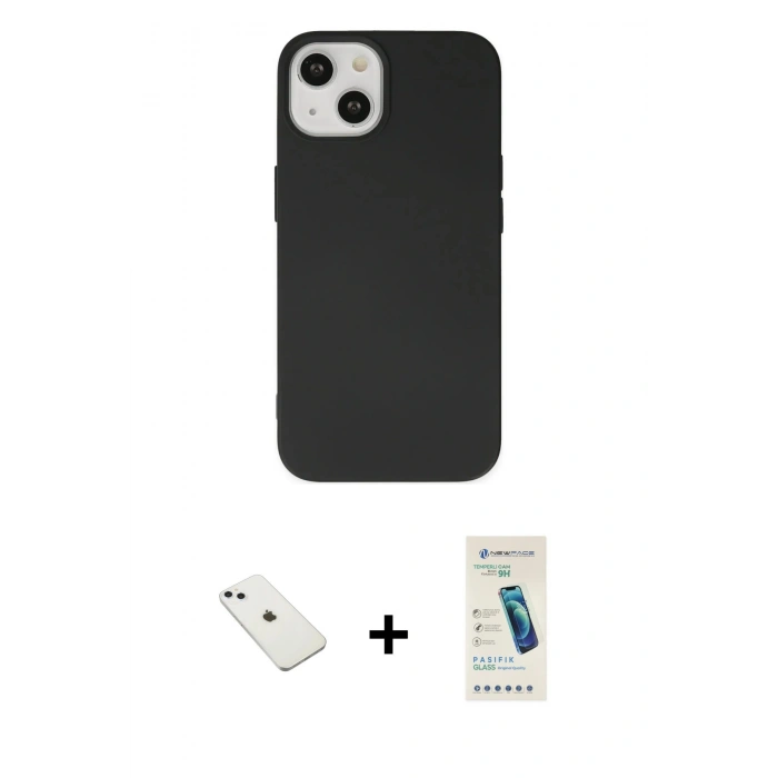 MARSİLYAN™- iPhone 14 Kılıf Ahenk Serisi - Şeffaf Pasifik Cam Ekran Koruyucu + Diamond Kamera Lens - SABE