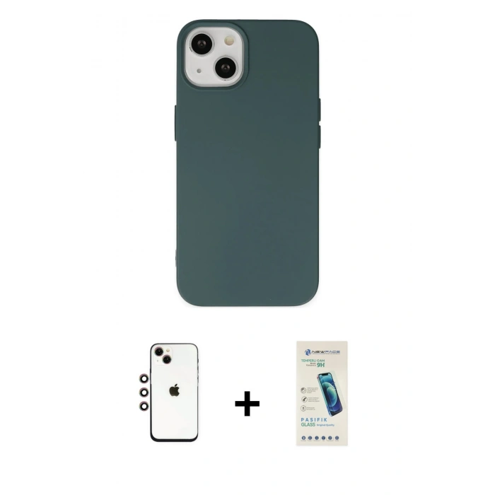 MARSİLYAN™- iPhone 14 Kılıf Ahenk Serisi - Şeffaf Pasifik Cam Ekran Koruyucu + Shine Kamera Lens - GI
