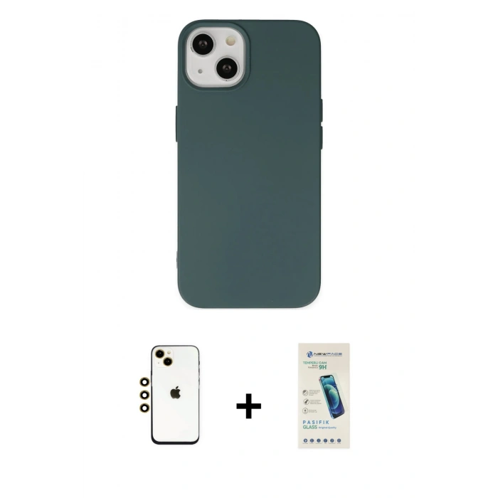 MARSİLYAN™- iPhone 14 Kılıf Ahenk Serisi - Şeffaf Pasifik Cam Ekran Koruyucu + Shine Kamera Lens - GD