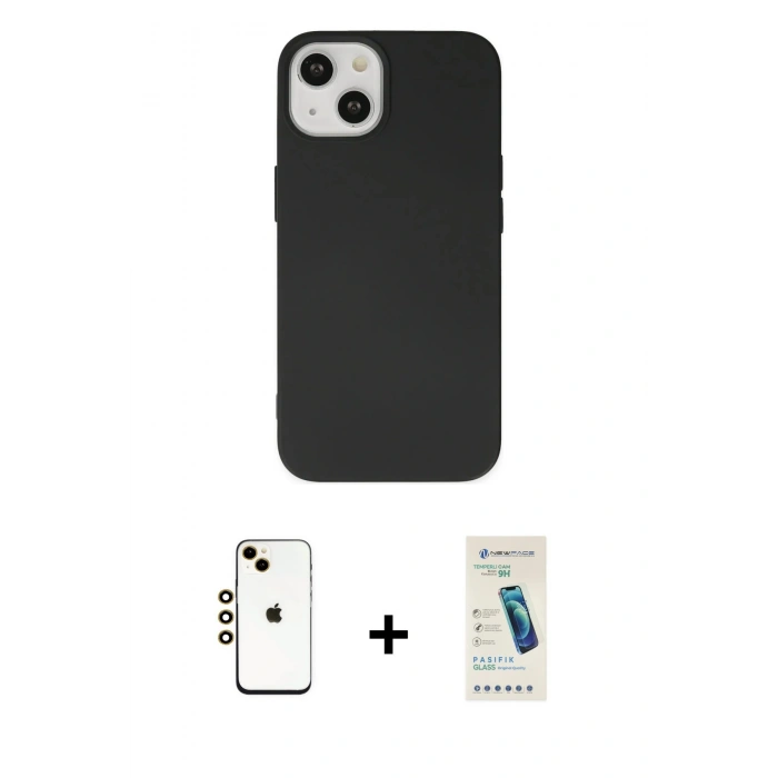 MARSİLYAN™- iPhone 14 Kılıf Ahenk Serisi - Şeffaf Pasifik Cam Ekran Koruyucu + Shine Kamera Lens - GD