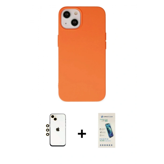 MARSİLYAN™- iPhone 14 Kılıf Ahenk Serisi - Şeffaf Pasifik Cam Ekran Koruyucu + Shine Kamera Lens - GD