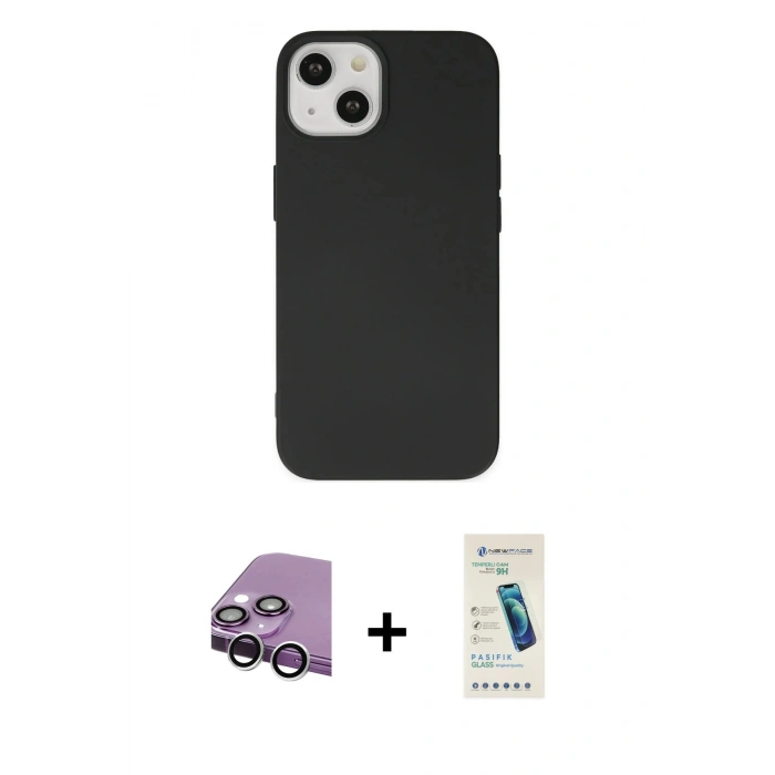 MARSİLYAN™- iPhone 14 Kılıf Ahenk Serisi - Şeffaf Pasifik Cam Ekran Koruyucu + Raze Metal Kamera Lens - GS