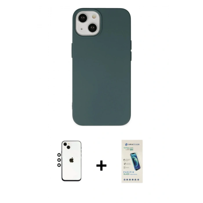 MARSİLYAN™- iPhone 14 Kılıf Ahenk Serisi - Şeffaf Pasifik Cam Ekran Koruyucu + Shine Kamera Lens - GS