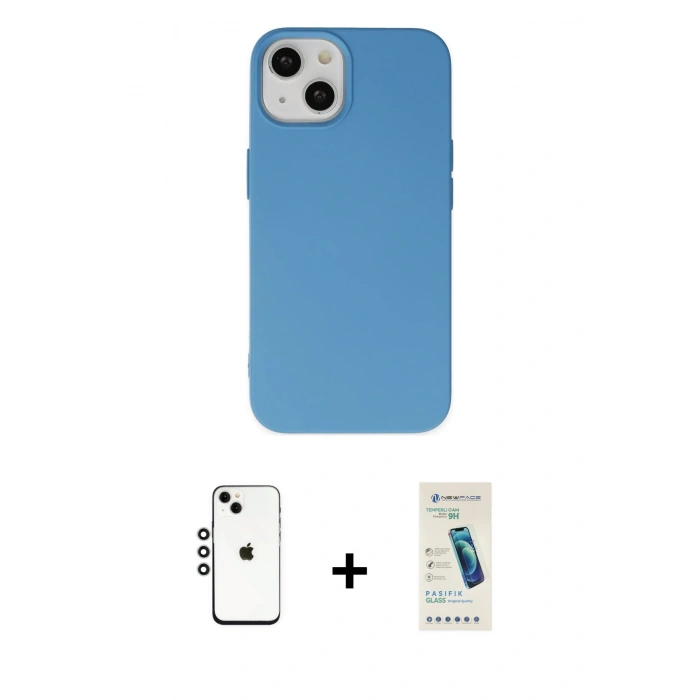 MARSİLYAN™- iPhone 14 Kılıf Ahenk Serisi - Şeffaf Pasifik Cam Ekran Koruyucu + Shine Kamera Lens - GS