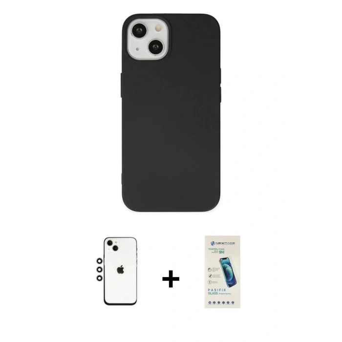 MARSİLYAN™- iPhone 14 Kılıf Ahenk Serisi - Şeffaf Pasifik Cam Ekran Koruyucu + Shine Kamera Lens - GS