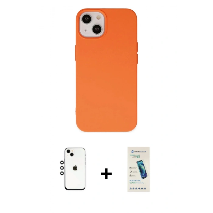 MARSİLYAN™- iPhone 14 Kılıf Ahenk Serisi - Şeffaf Pasifik Cam Ekran Koruyucu + Shine Kamera Lens - GS