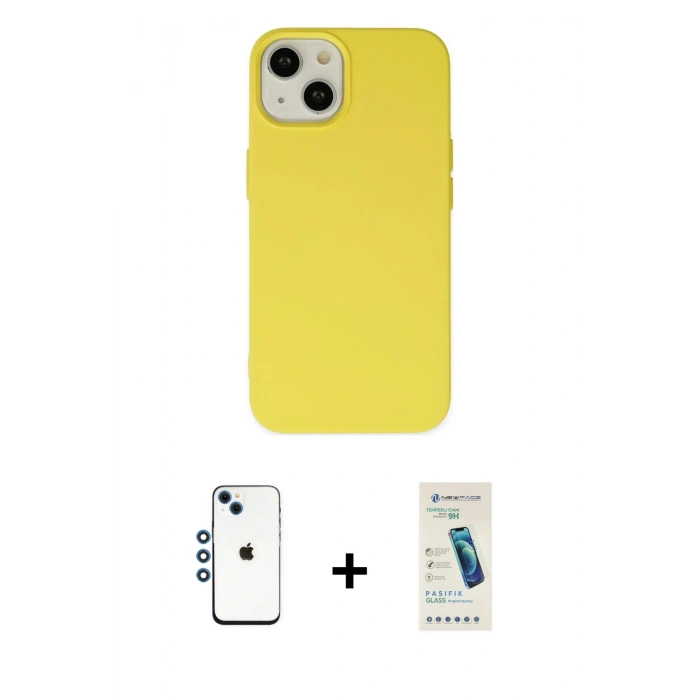 MARSİLYAN™- iPhone 14 Kılıf Ahenk Serisi - Şeffaf Pasifik Cam Ekran Koruyucu + Mavi Shine Kamera Lens
