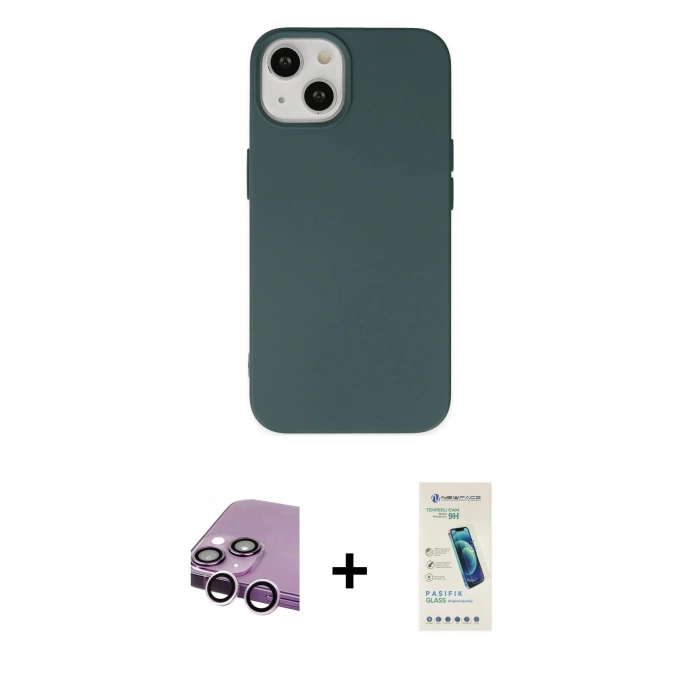 MARSİLYAN™- iPhone 14 Kılıf Ahenk Serisi - Şeffaf Pasifik Cam Ekran Koruyucu + Raze Metal Kamera Lens - MR