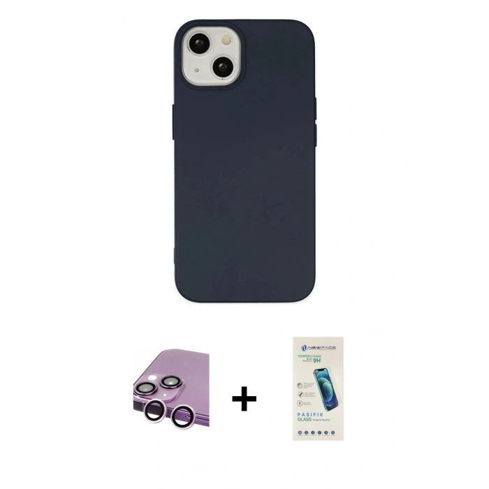 MARSİLYAN™- iPhone 14 Kılıf Ahenk Serisi - Şeffaf Pasifik Cam Ekran Koruyucu + Raze Metal Kamera Lens - MR