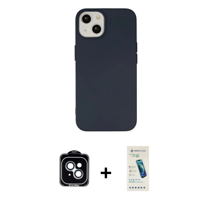 MARSİLYAN™- iPhone 14 Kılıf Ahenk Serisi - Şeffaf Pasifik Cam Ekran Koruyucu + PVD Metal Kamera Lens - MI