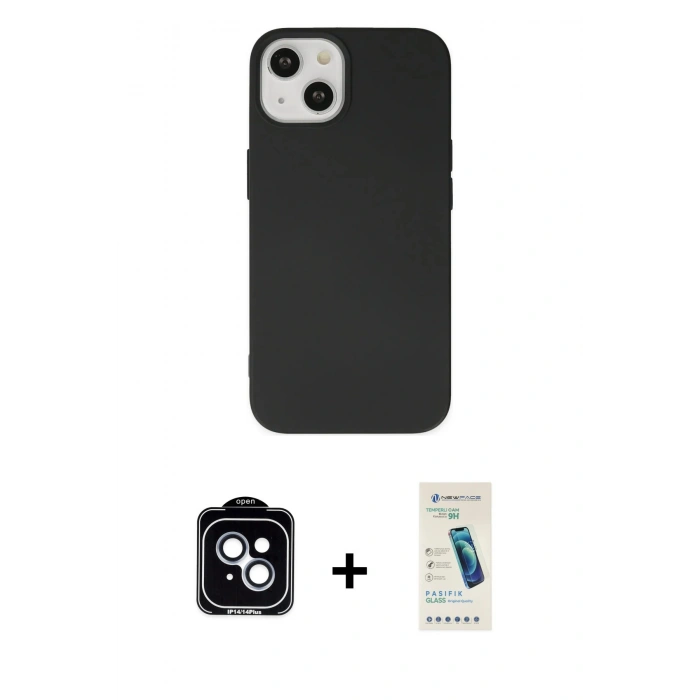 MARSİLYAN™- iPhone 14 Kılıf Ahenk Serisi - Şeffaf Pasifik Cam Ekran Koruyucu + PVD Metal Kamera Lens - MI