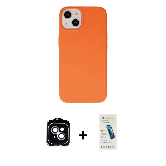 MARSİLYAN™- iPhone 14 Kılıf Ahenk Serisi - Şeffaf Pasifik Cam Ekran Koruyucu + PVD Metal Kamera Lens - MI