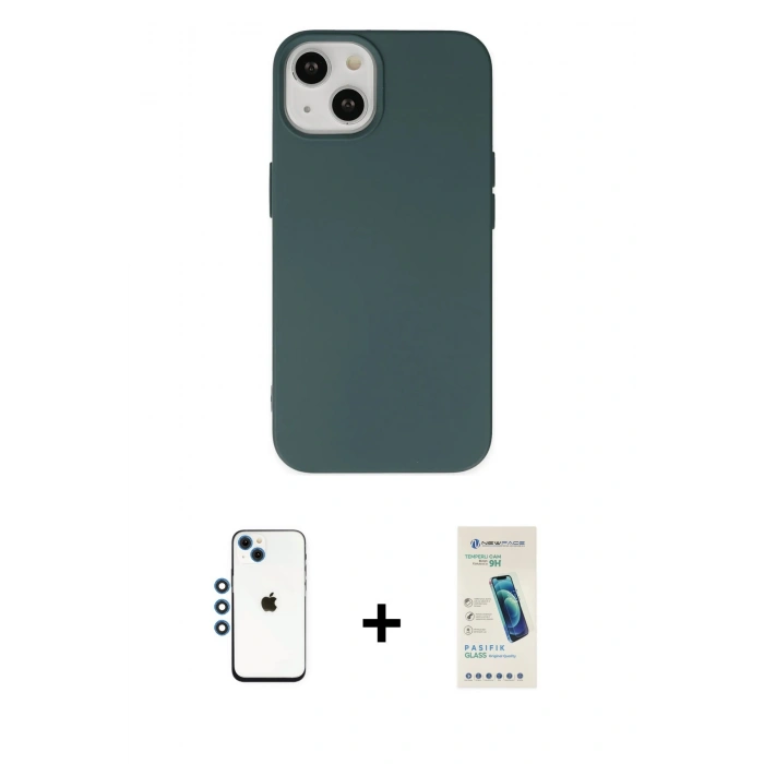 MARSİLYAN™- iPhone 14 Kılıf Ahenk Serisi - Şeffaf Pasifik Cam Ekran Koruyucu + Shine Kamera Lens - MI